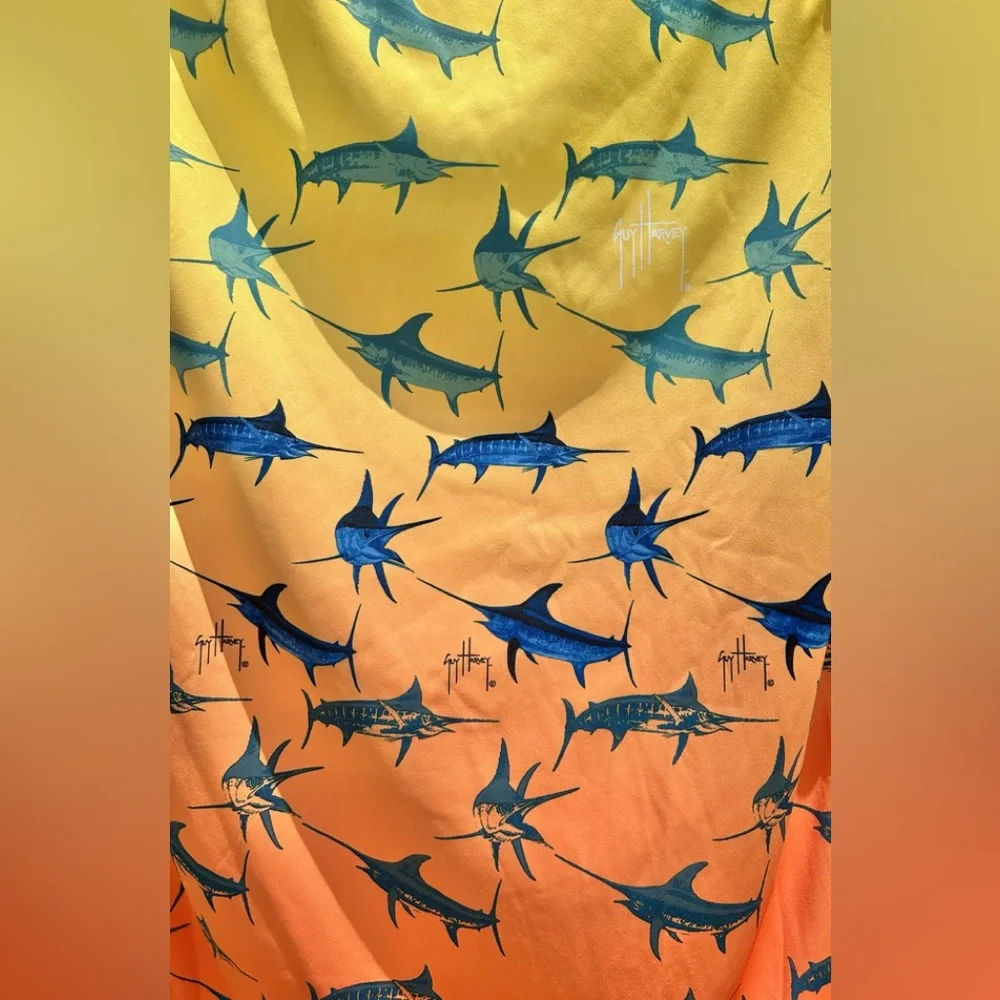 Guy Harvey Marlin Bimini Blast Orange Blue Long Sleeve Rash Guard Shirt Size S